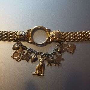 Vintage Kirks Folly Cat Charm Bracelet Watch Band - Gold Tone - FOR PARTS/REPAIR